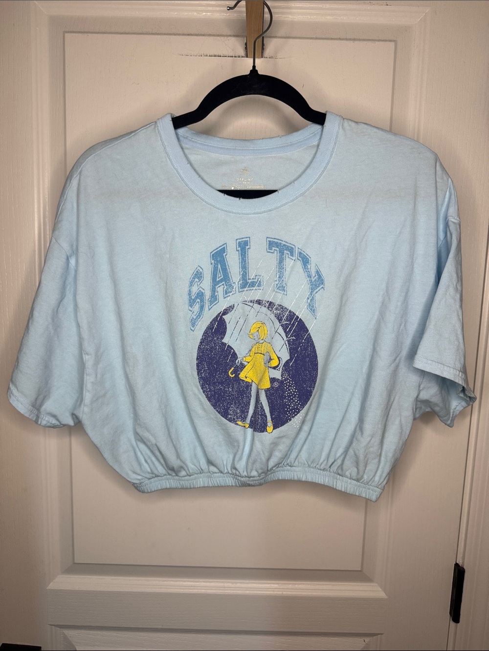 Light Blue 'Salty' Cropped Graphic Tee with Yellow Accent - Women's